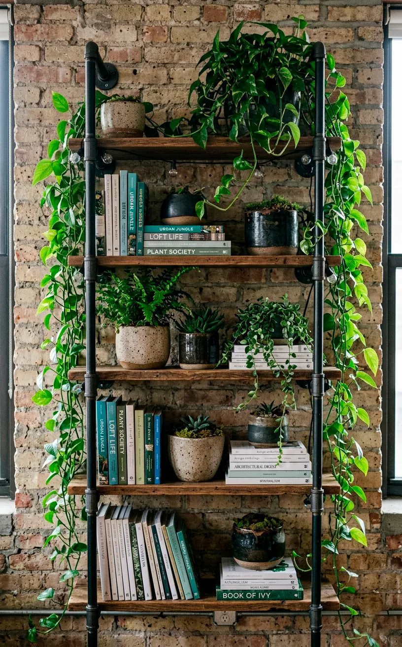 Trailing ivy wrapped around industrial dark steel pipe shelving in an urban loft style room.