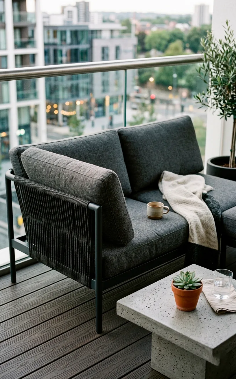 Sleek powder-coated aluminum outdoor modular sofa with charcoal cushions on a modern balcony