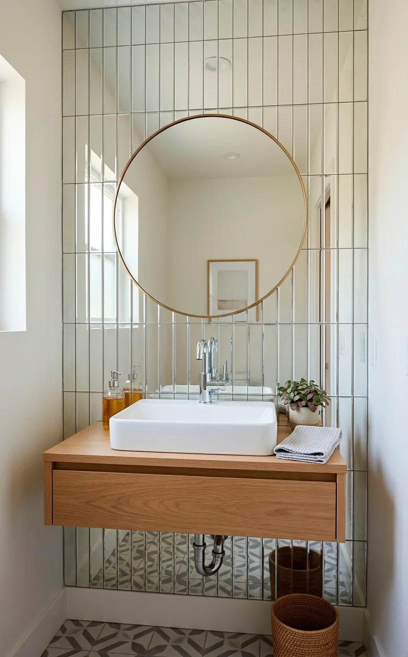Mirrored subway tiles stacked vertically behind a modern powder room sink