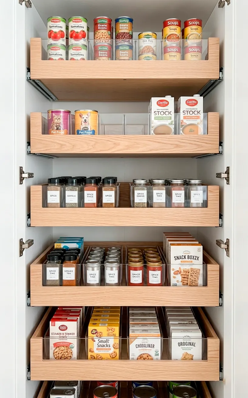 Pull-out wooden pantry drawers organized with canned goods and acrylic dividers for easy access.