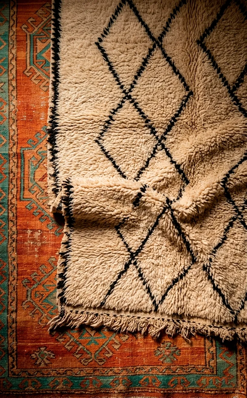 Moroccan shag rug layered over a colorful Kilim rug inside a van.