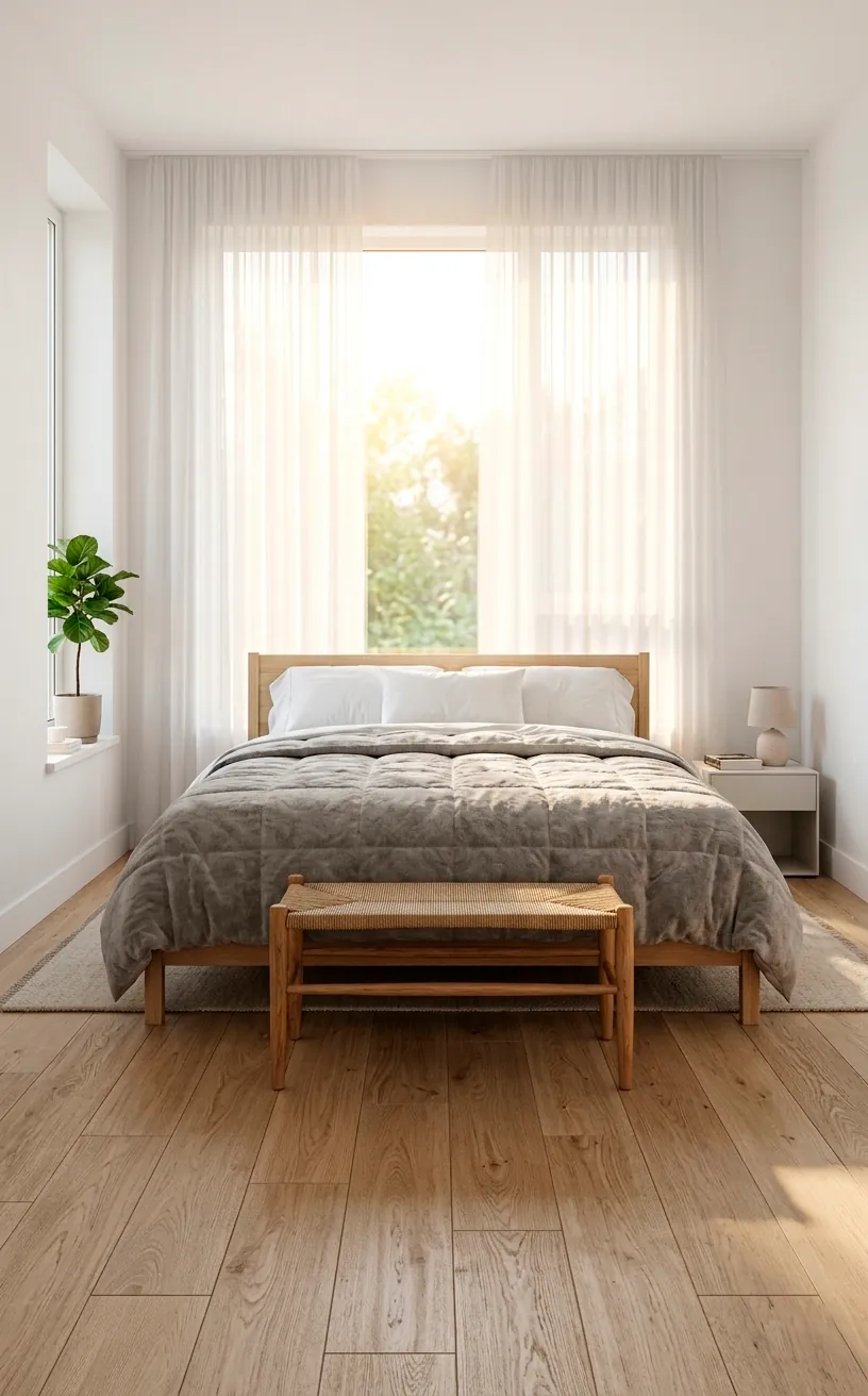 Small bedroom layout with a bed centered under a bright window with sheer white curtains.