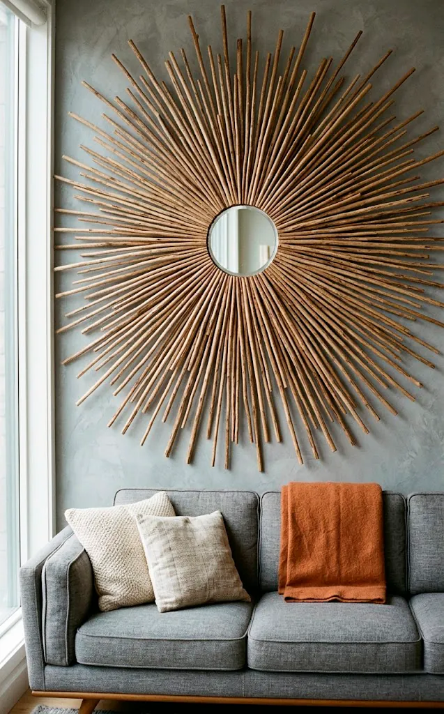 Handmade sunburst mirror made of radiating natural twigs hung over a gray sofa.