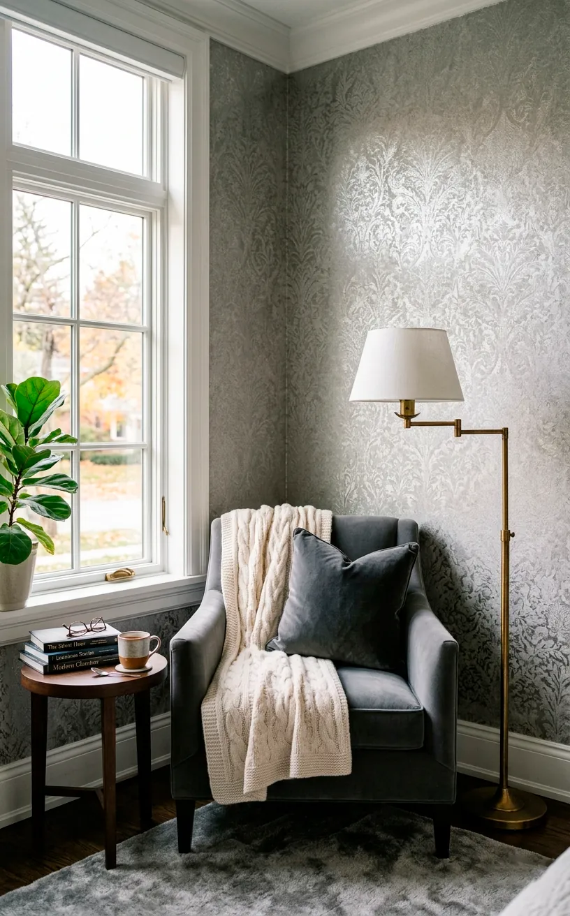 Matte dark grey reading chair against a subtly patterned metallic silver wallpaper