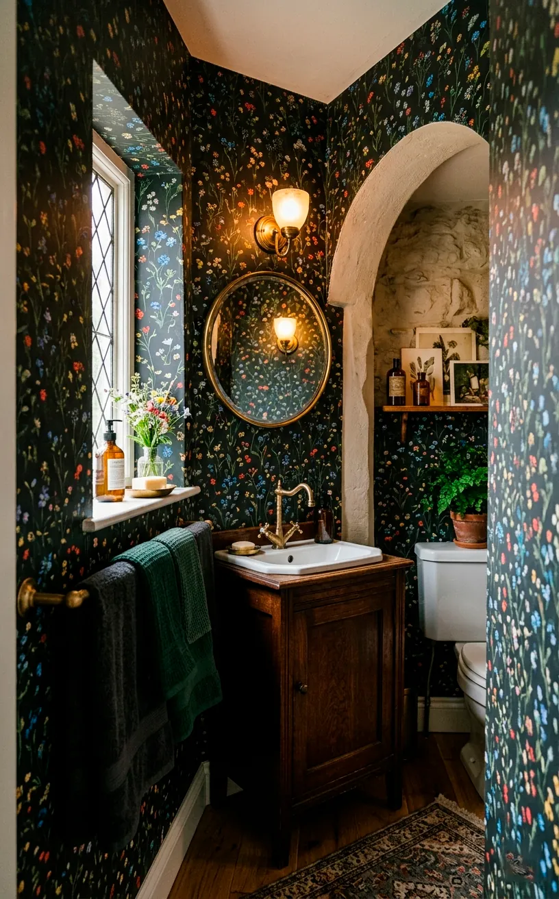 Tiny midnight meadow wildflower pattern wallpaper in a moody bathroom