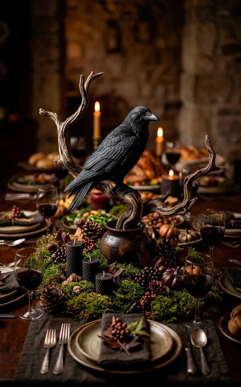 Small black raven figurine as a moody table accent among moss.