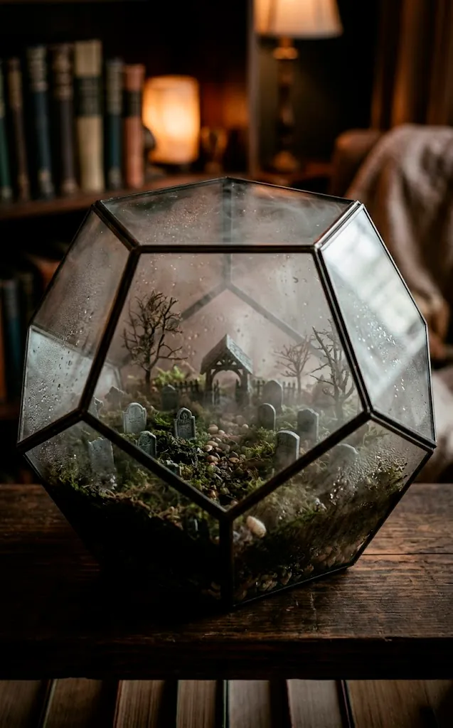 Miniature graveyard scene inside a glass terrarium with moss and tiny headstones.
