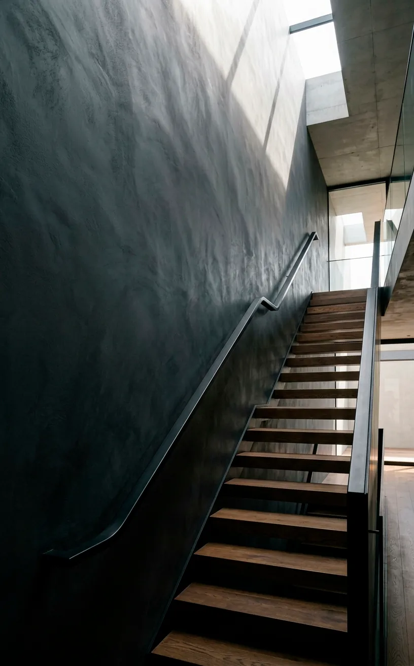 Luxurious matte charcoal grey monochrome staircase wall with a sleek black handrail and dramatic lighting.