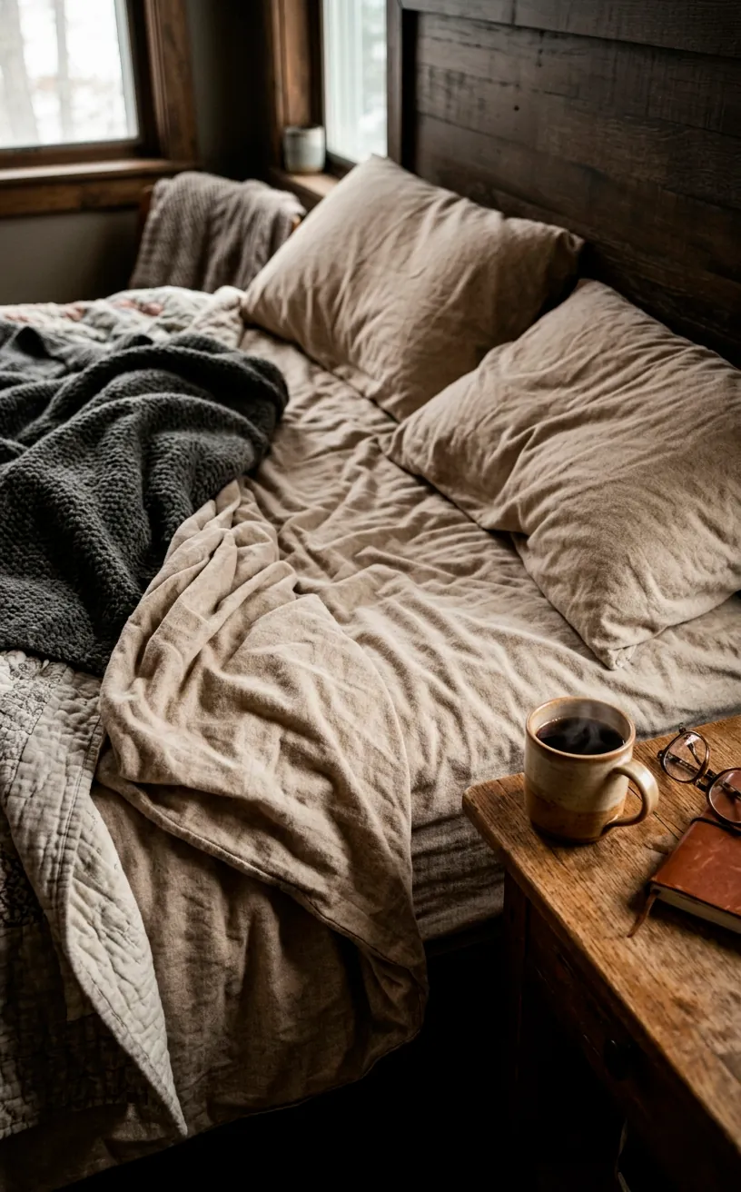 Close-up of cozy brushed cotton flannel sheets on a winter bed.