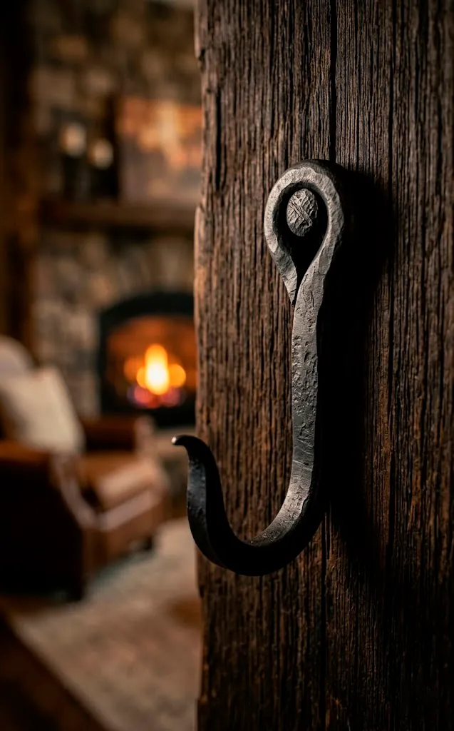 Close-up of a hand-forged classic wrought iron hook showing hammer marks on reclaimed wood with moody lighting.