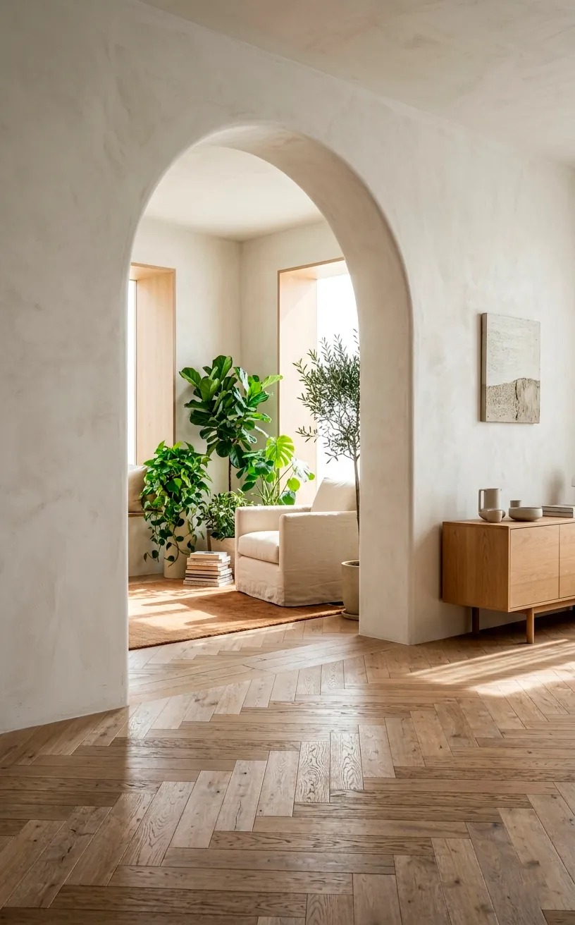 Minimalist living room with a large plastered archway leading to a sunlit green reading nook.