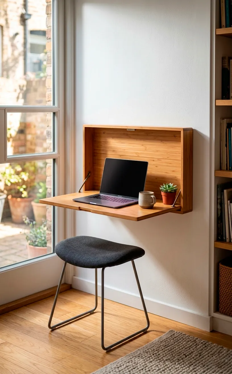 Sleek floating bamboo desk folded out on a white wall in a modern small apartment workspace.