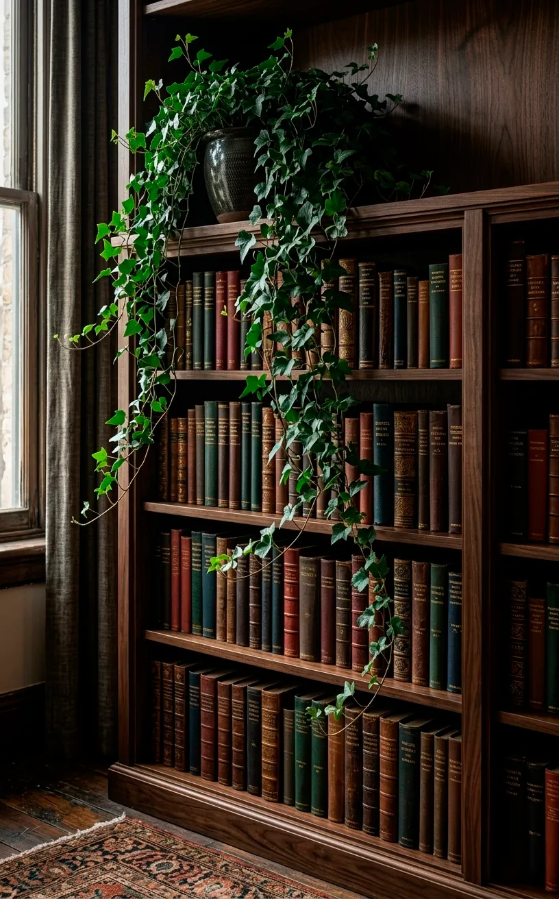 Lush English Ivy cascading down a dark walnut bookshelf with vintage leather books.