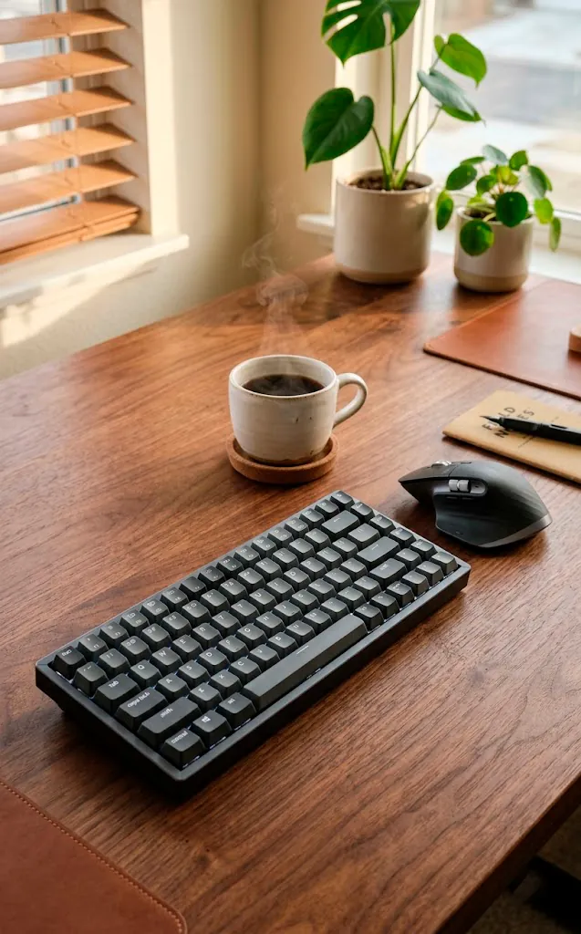 Close-up of a minimalist wireless mechanical keyboard and mouse on a clean walnut desk.