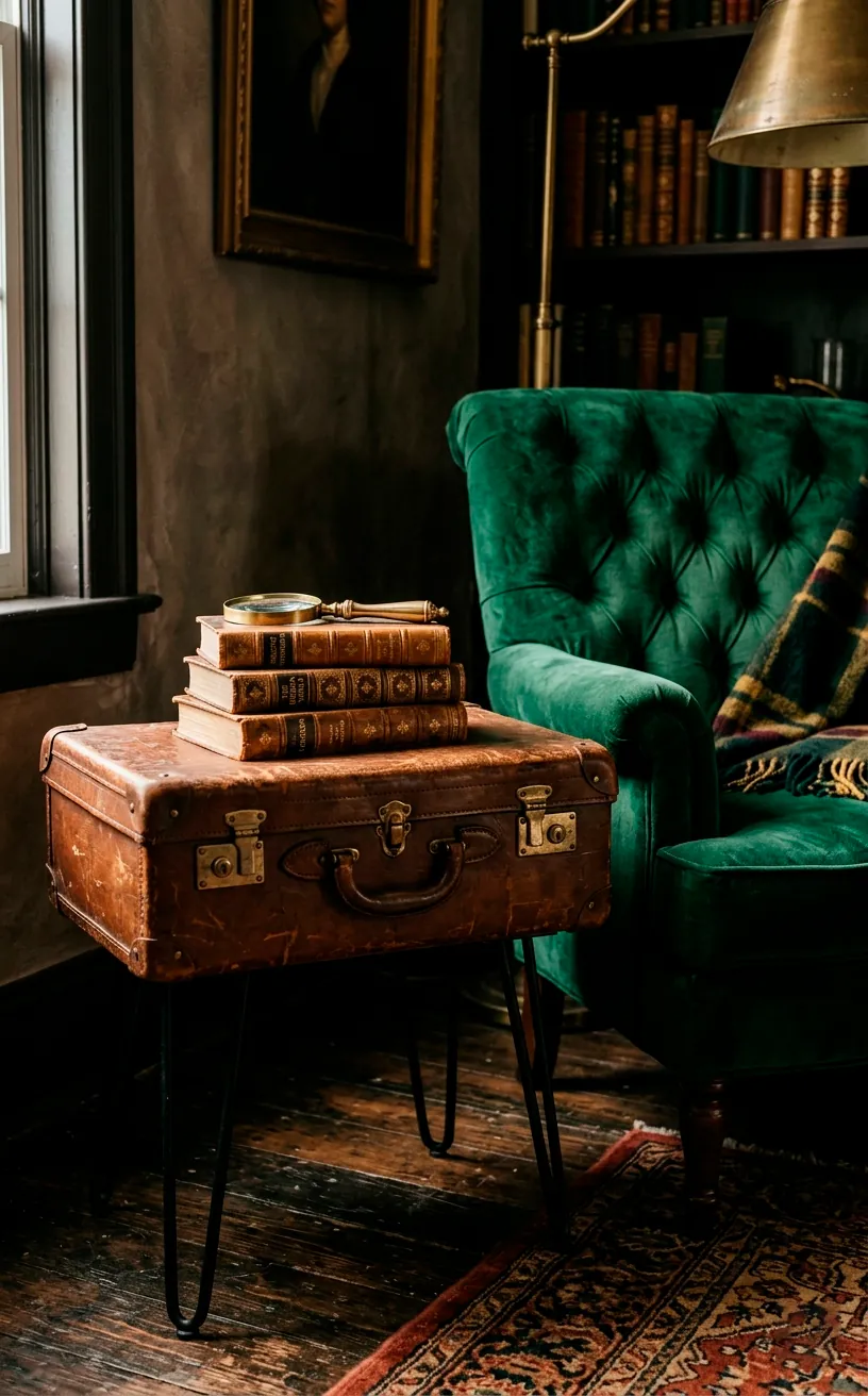 Distressed brown leather suitcase side table with hairpin legs next to an emerald chair.