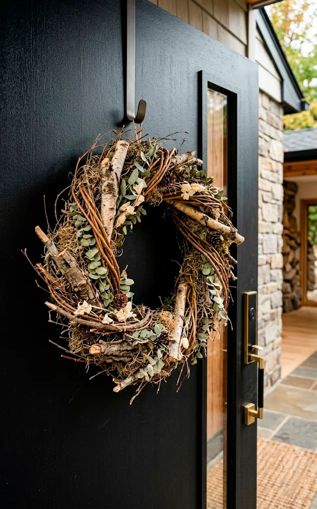 Woven natural twig wreath hanging on a dark modern door displaying rustic home decor.