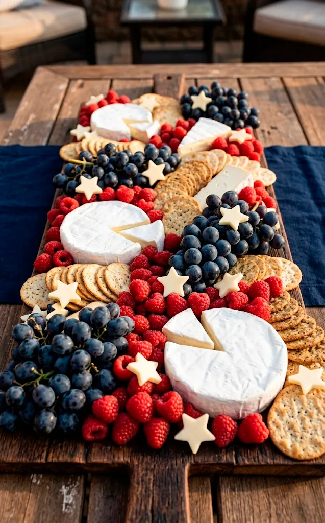 Artisanal Memorial Day charcuterie board with red berries, white cheese, and blue grapes.