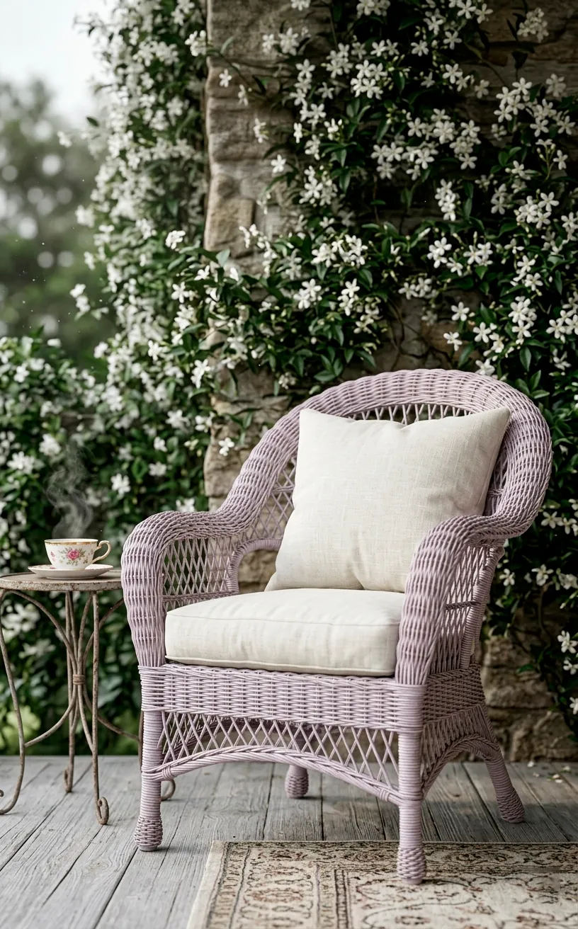 Soft lavender wicker chair on an English porch with a tea cup and jasmine background.