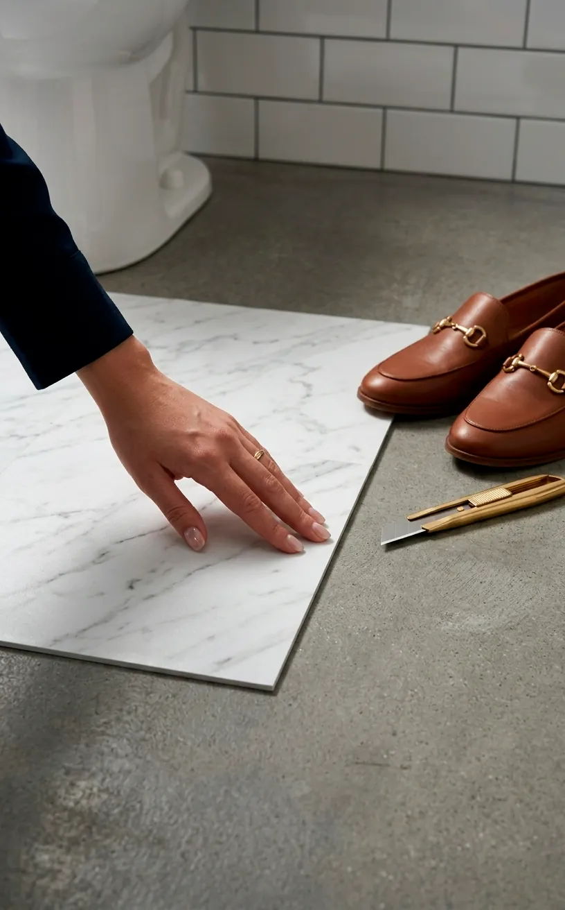 Hand installing marble pattern peel and stick floor tile in a bathroom interior.