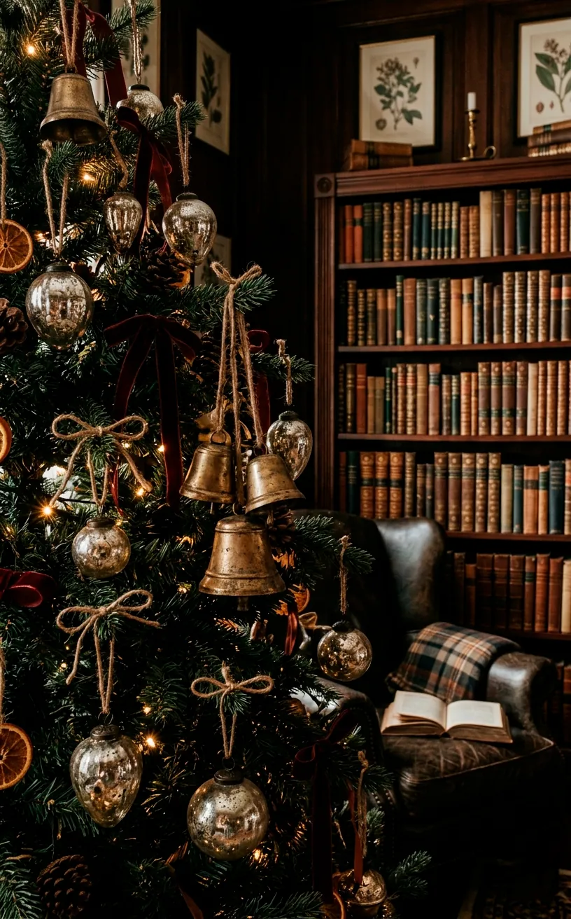 Tarnished brass and silver vintage ornaments tied with twine on a dark evergreen Christmas tree
