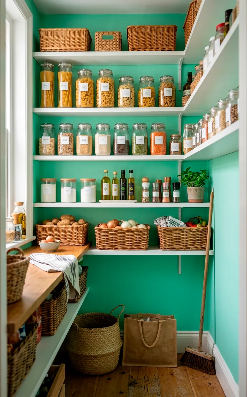 Small pantry with a vibrant mint green painted back wall and sleek white floating shelves styled with aesthetic storage jars.