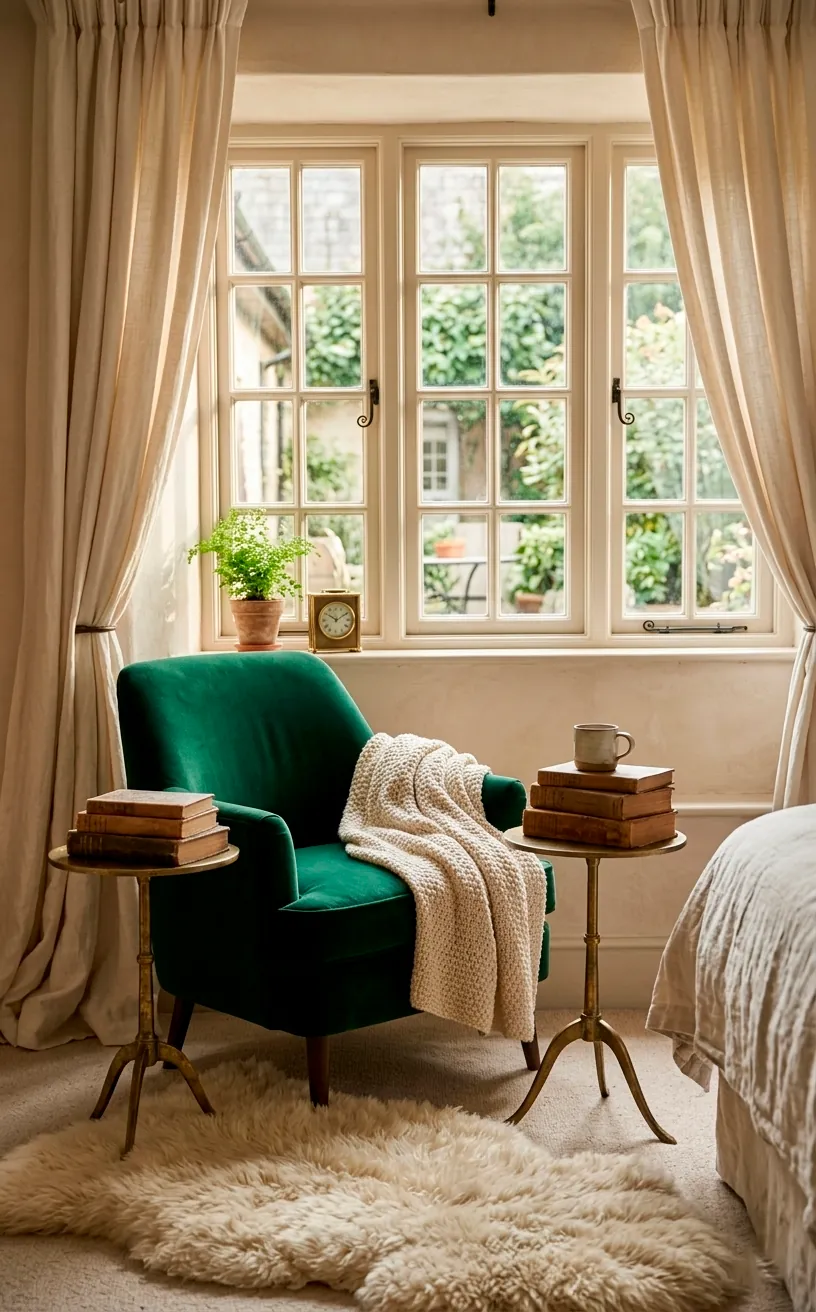 Emerald green reading chair in a sunlit guest bedroom window nook with a sheepskin rug.