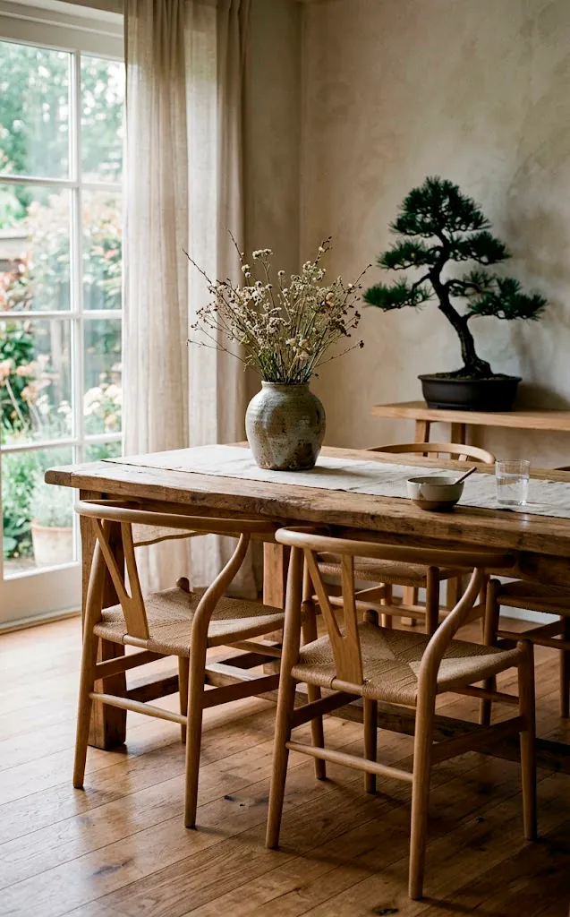 Stunning Japandi dining room bathed in morning light with a raw wood table, ceramic vase, and minimalist seating.