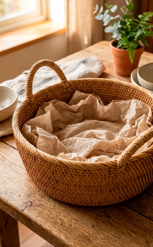 Woven rattan basket on an oak table ready for Mother's Day gifting