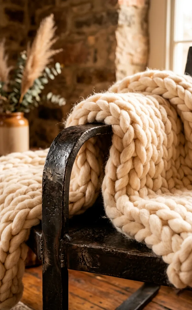 Close up of a chunky cream knit blanket draped over a dark industrial welded iron chair