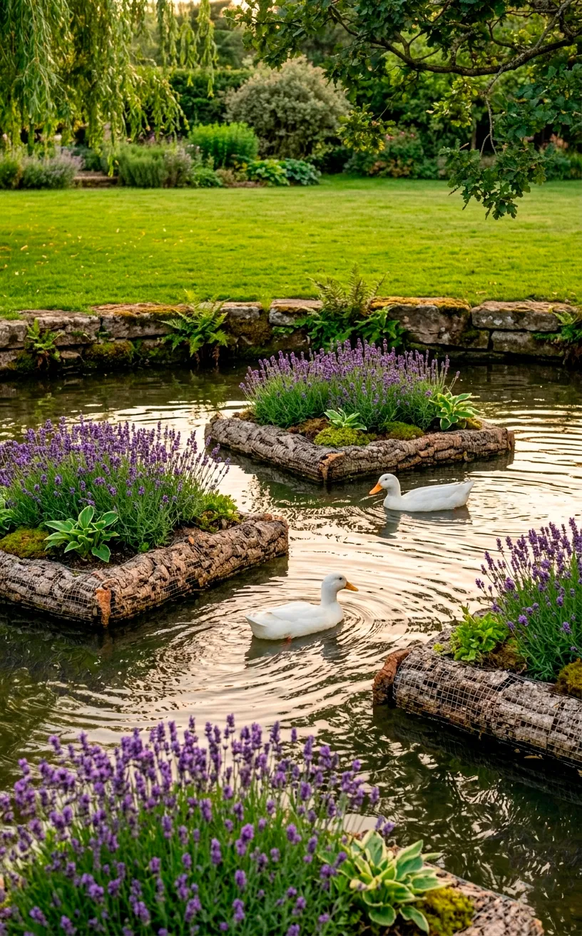 Vertical shot of ducks swimming around floating lavender islands in a garden pond.