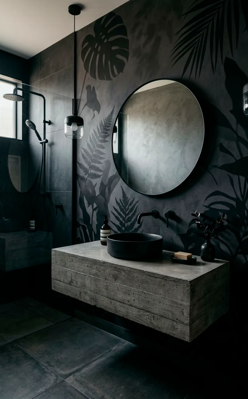 Abstract shadow foliage plant silhouette wallpaper on a modern bathroom wall