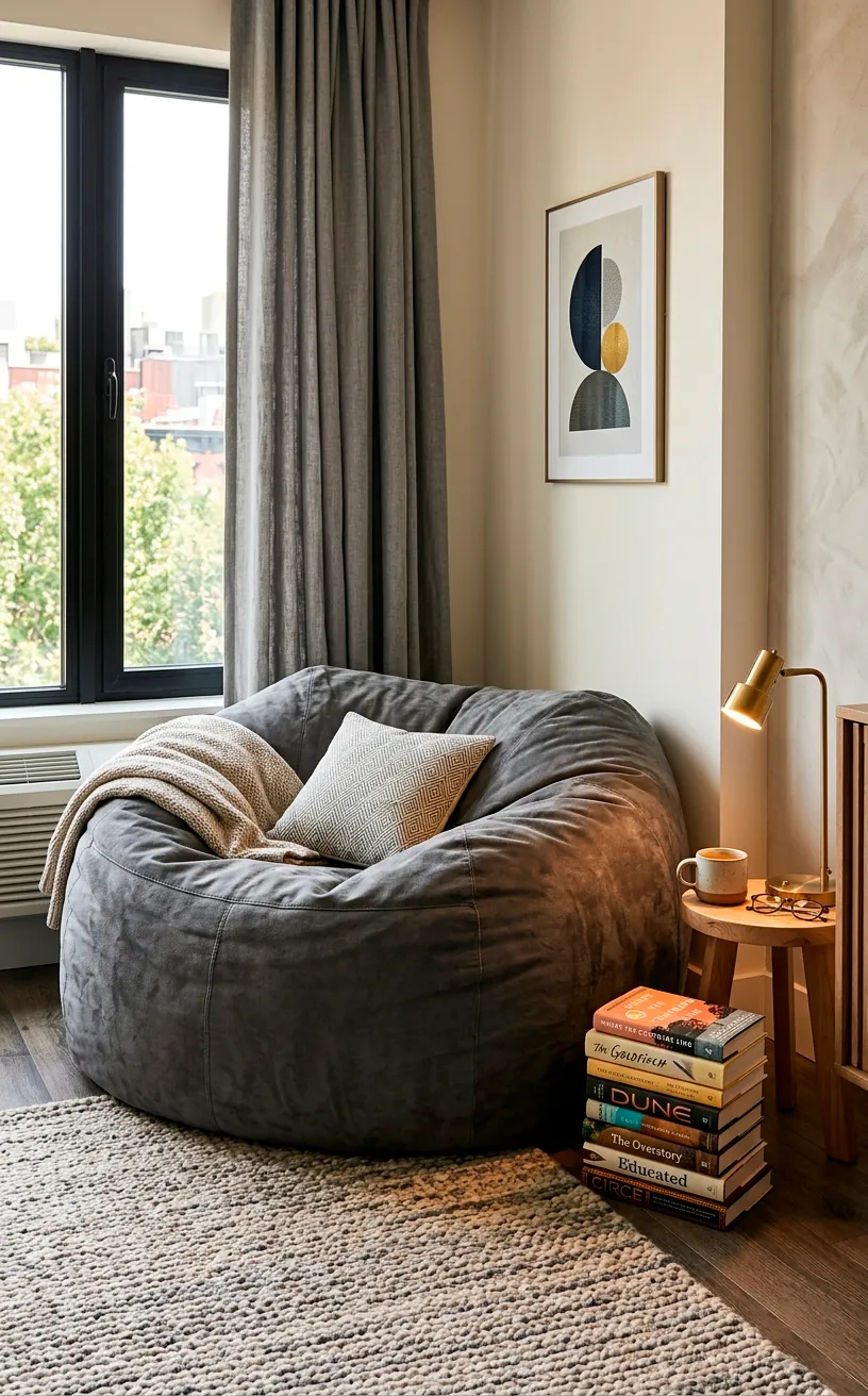 Massive structured grey suede bean bag chair in a modern bedroom corner