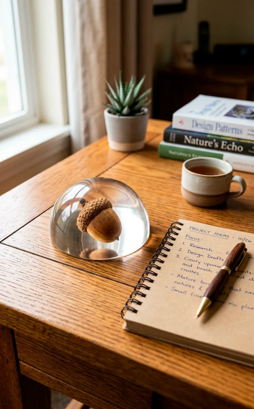 Clear resin dome paperweight containing a natural acorn on a wooden desk.