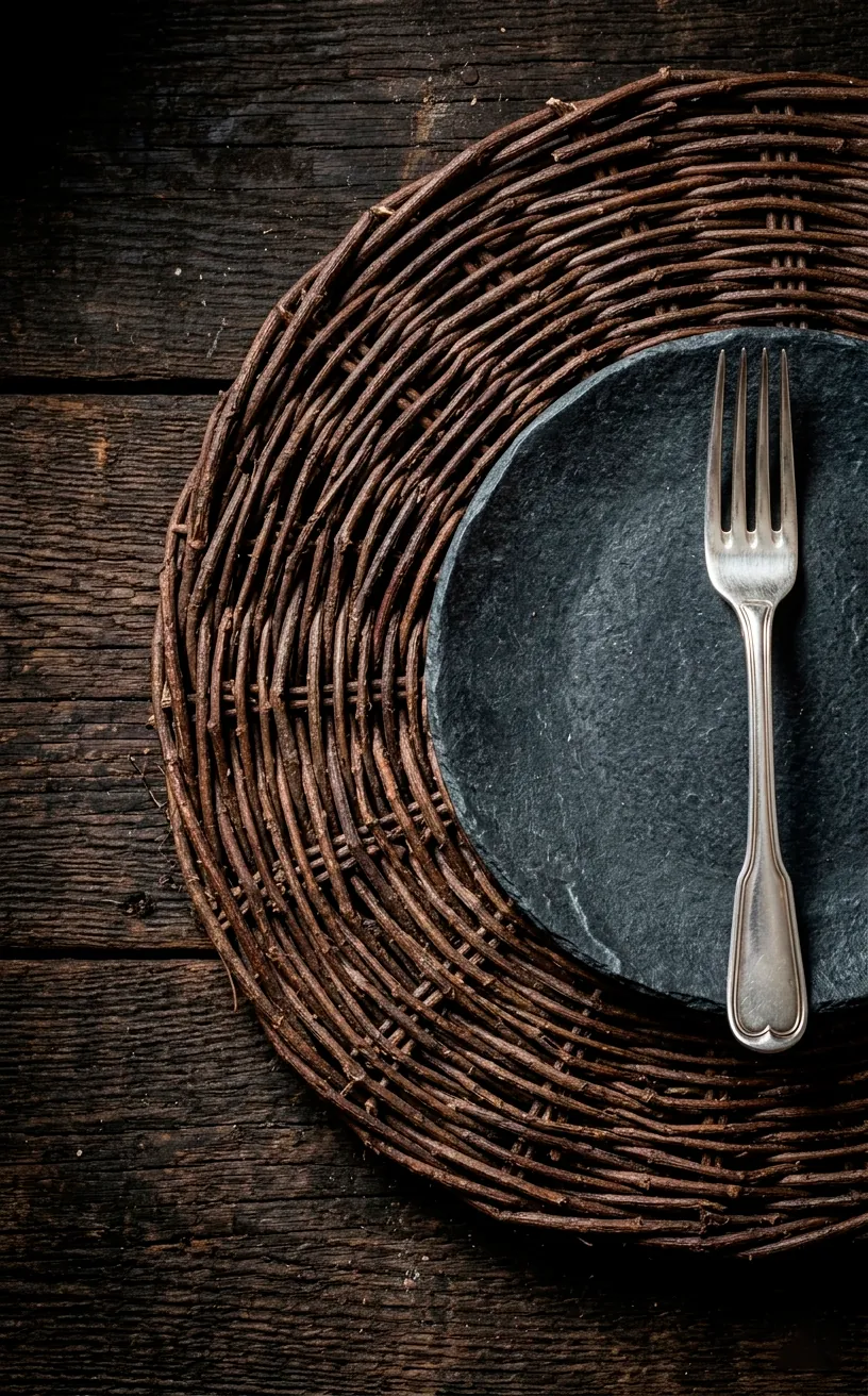Woven twig placemat on a dark wooden Thanksgiving table.