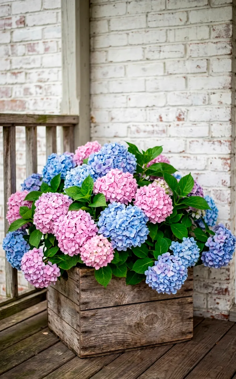 Lush blue and pink hydrangeas in a wooden crate on a porch corner.