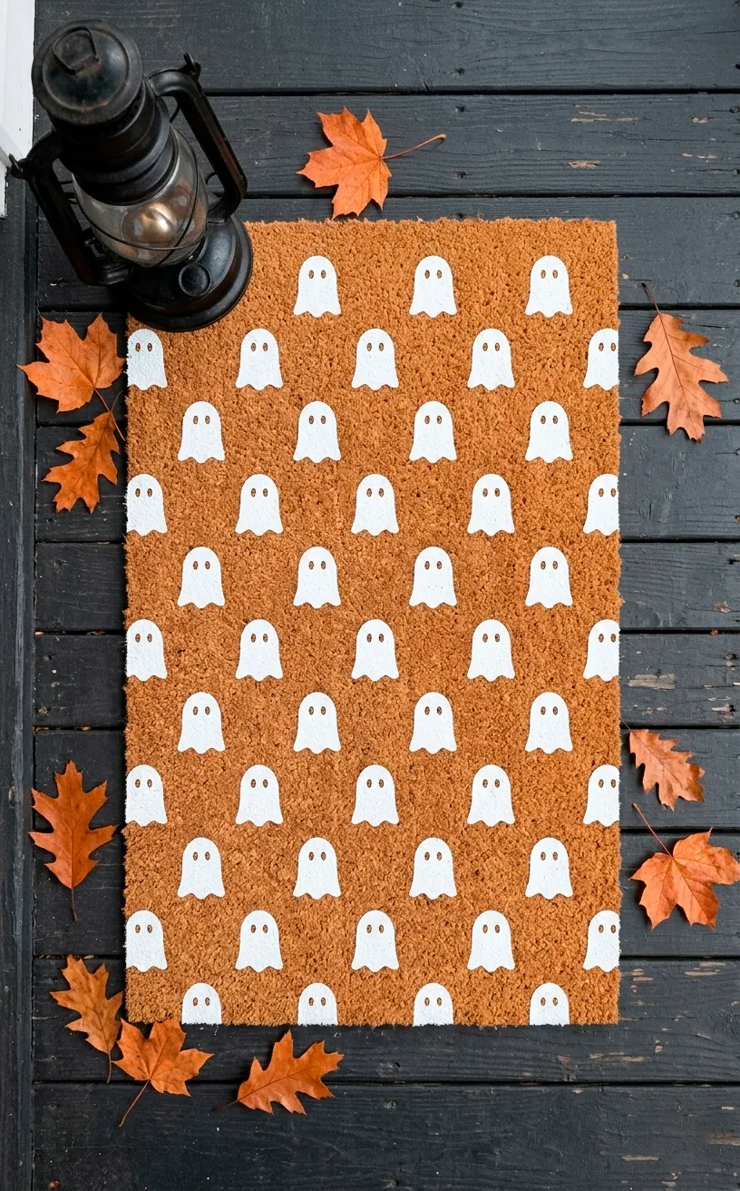 DIY coir doormat with white painted ghosts sitting on a dark porch.