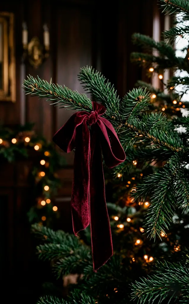 Deep burgundy velvet ribbon tied in a loose bow on a dark Christmas tree branch
