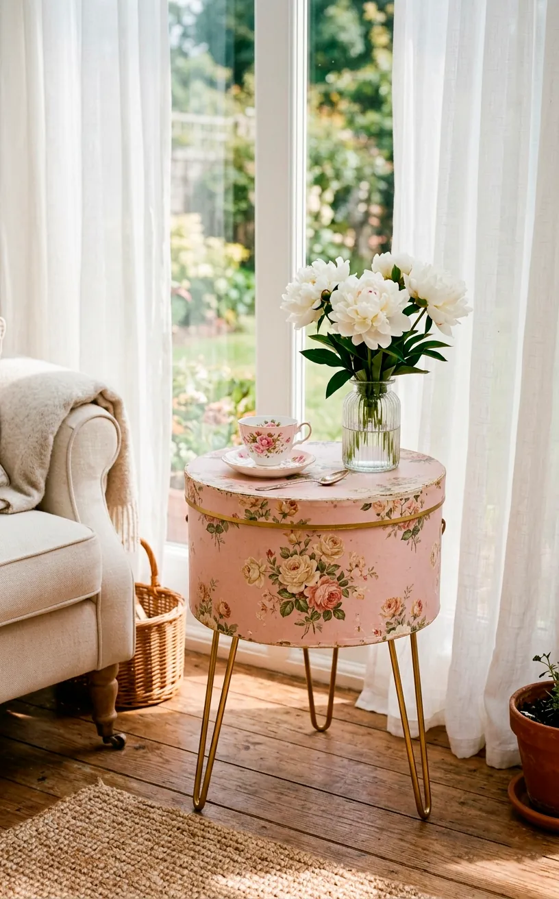 Pastel floral hatbox suitcase side table with gold legs in a bright sunroom.