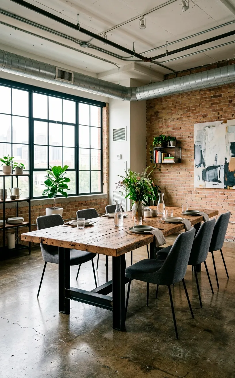 Industrial dining room with a heavy iron table and soft gray upholstered chairs