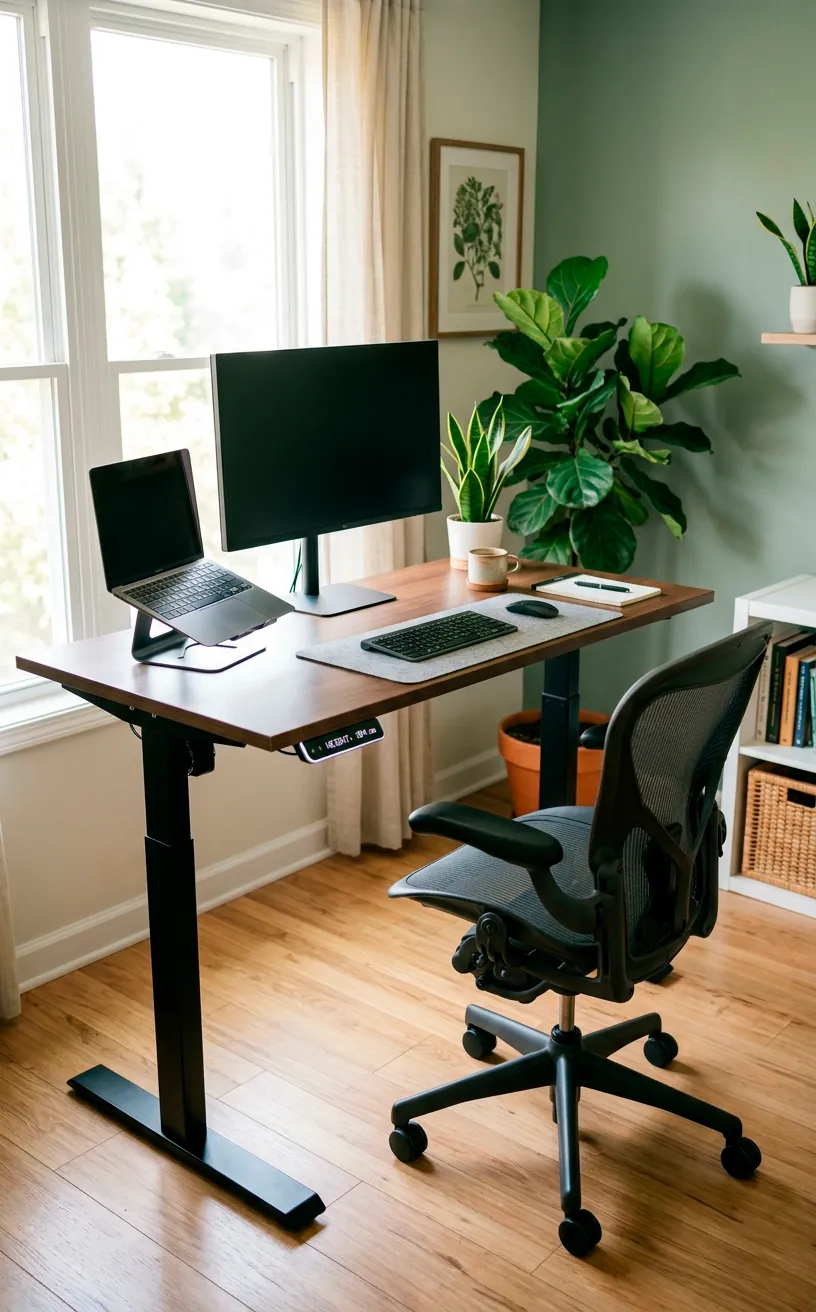 A modern smart standing desk with a digital control panel in a bright home office.