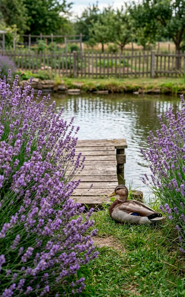 Duck pond with a thick lavender hedge border and a small wooden dock.