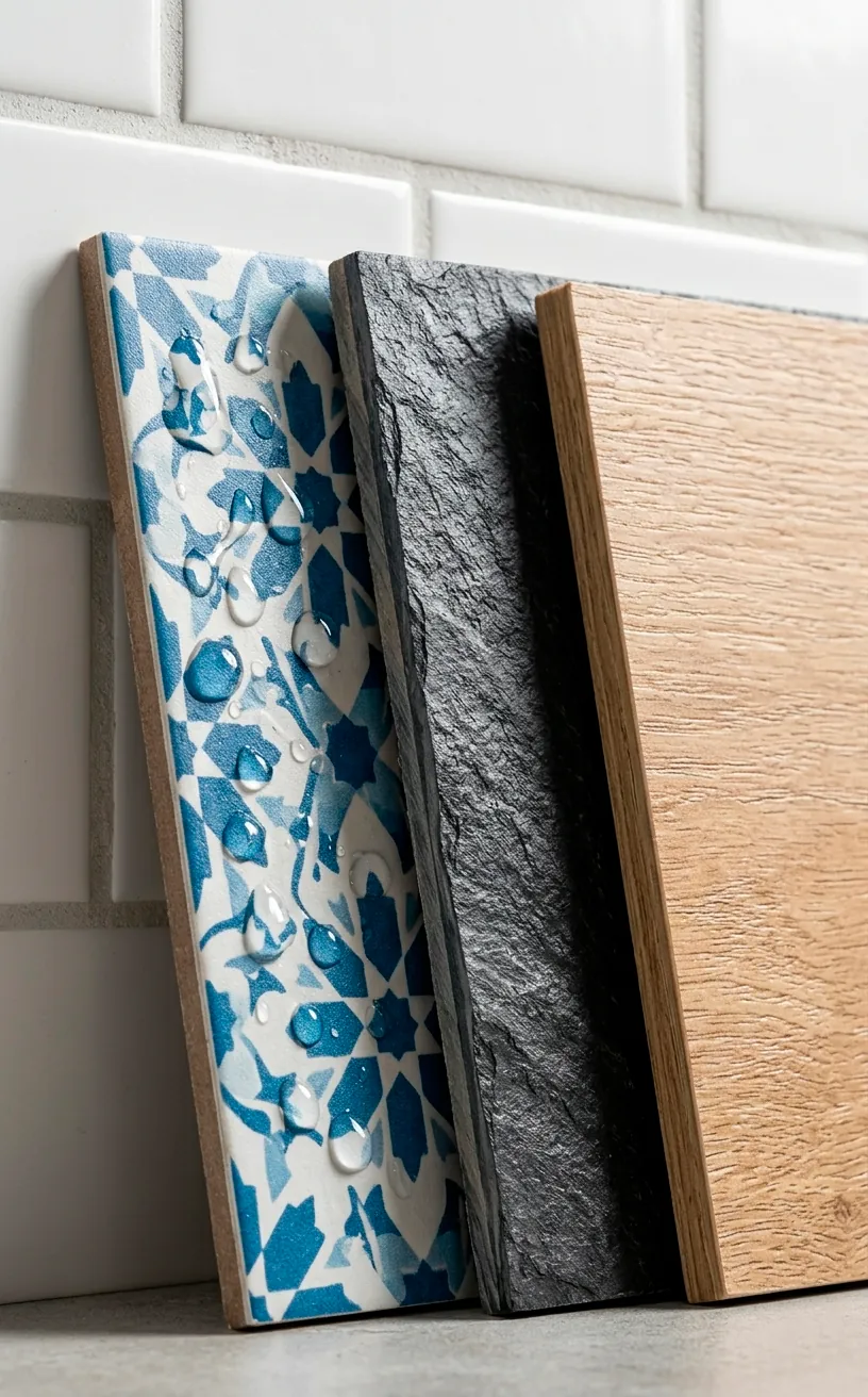 Selection of waterproof vinyl peel and stick tiles with different textures and patterns.