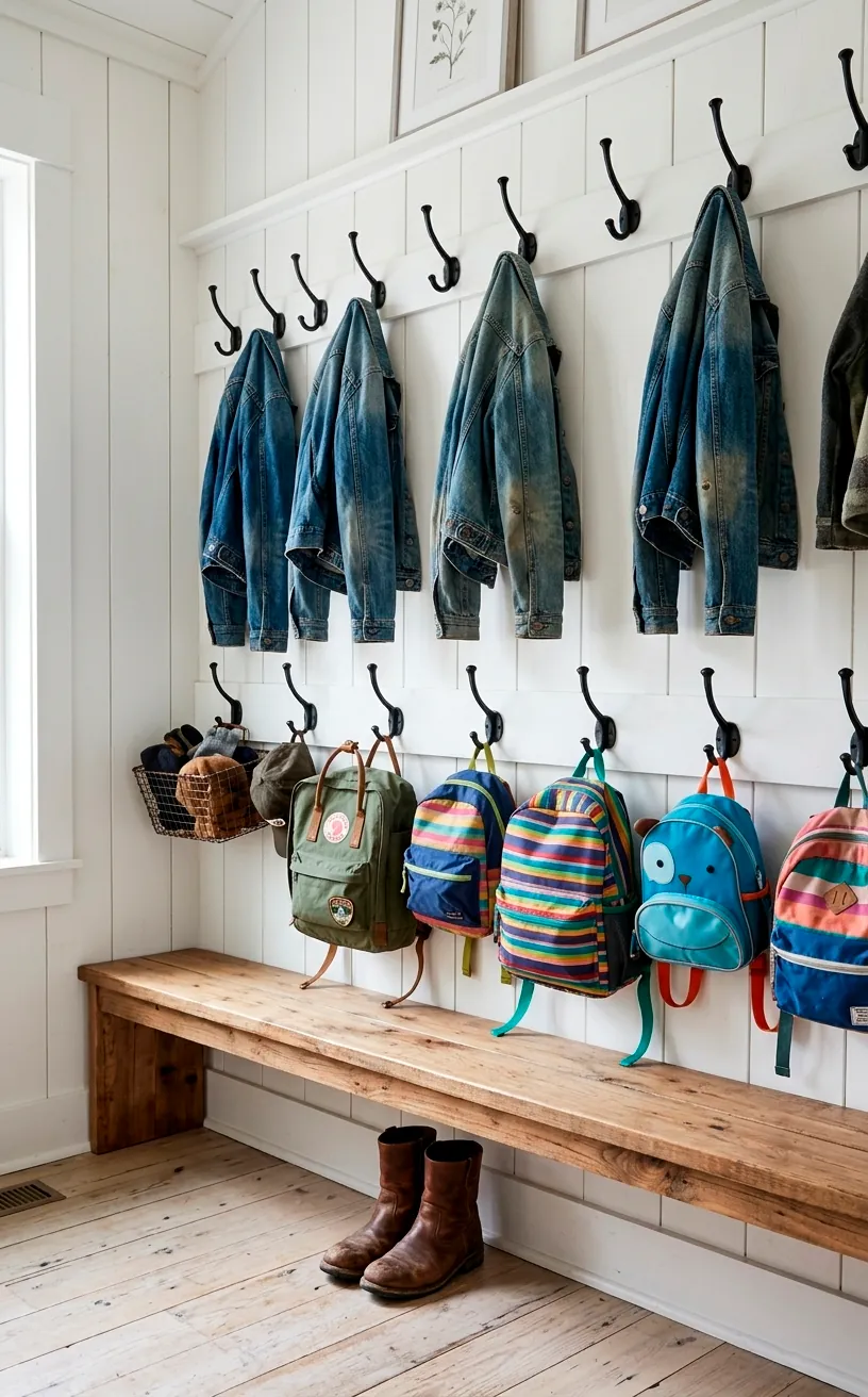 Staggered black wrought iron hooks in a farmhouse mudroom holding jackets and backpacks for family organization.