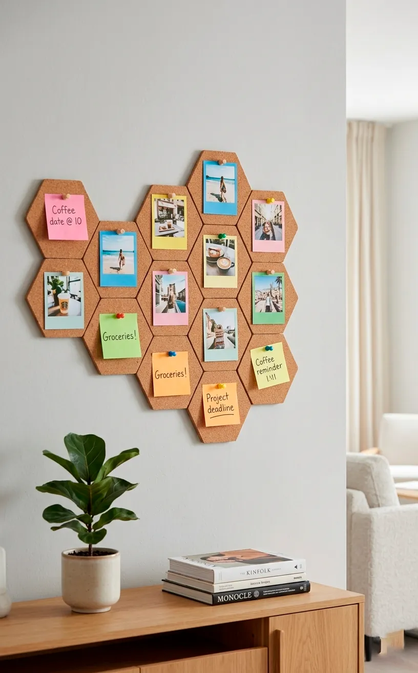 Modular hexagonal cork wall tiles used as a creative pinboard with photos in an apartment.