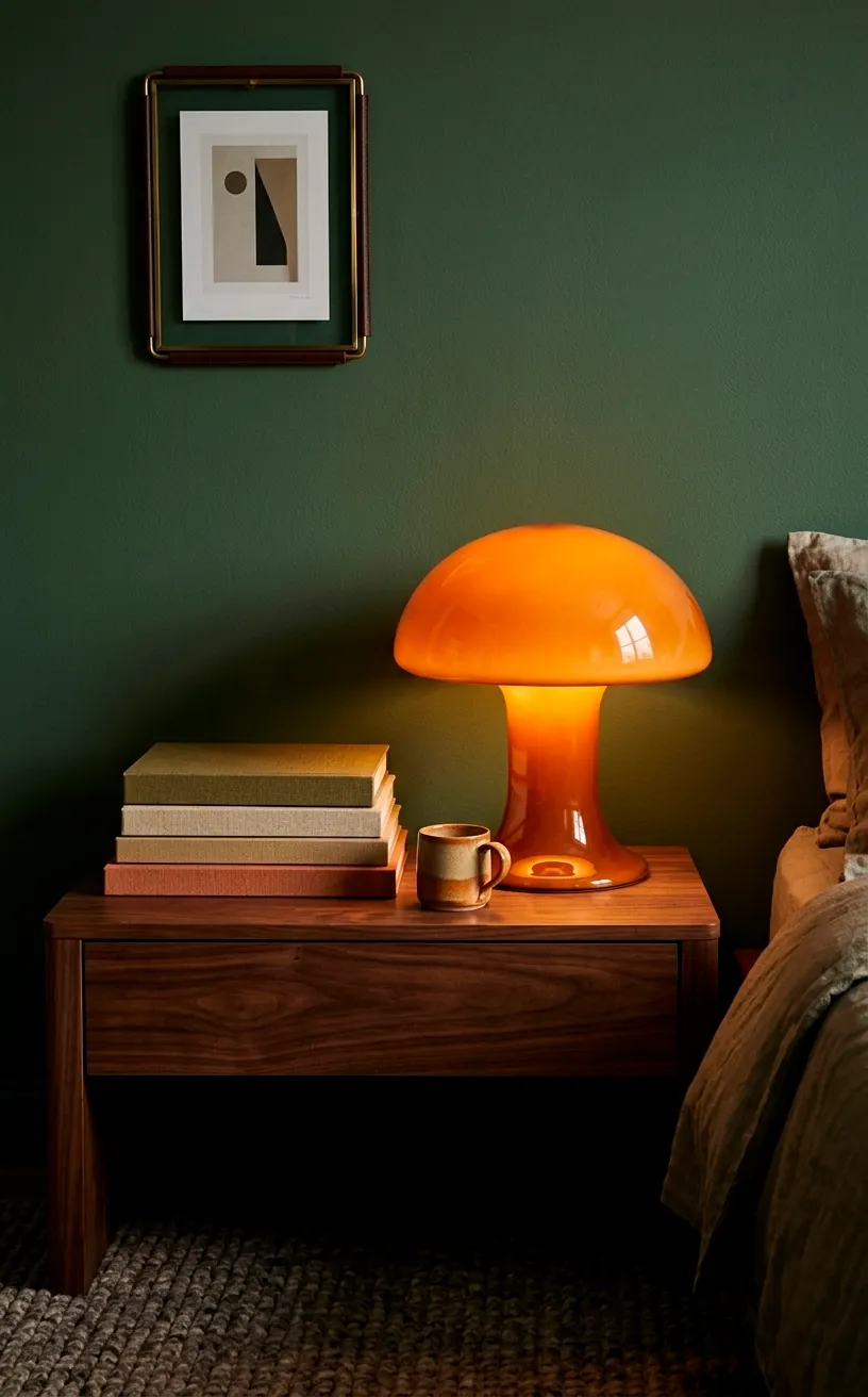 Orange glass mushroom lamp glowing on a wooden nightstand against a sage green wall.