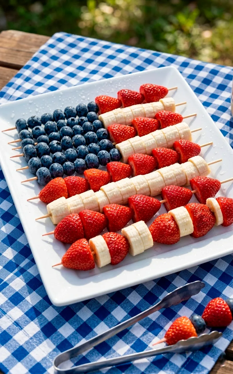 Fruit skewers arranged as an American flag with strawberries, bananas, and blueberries.