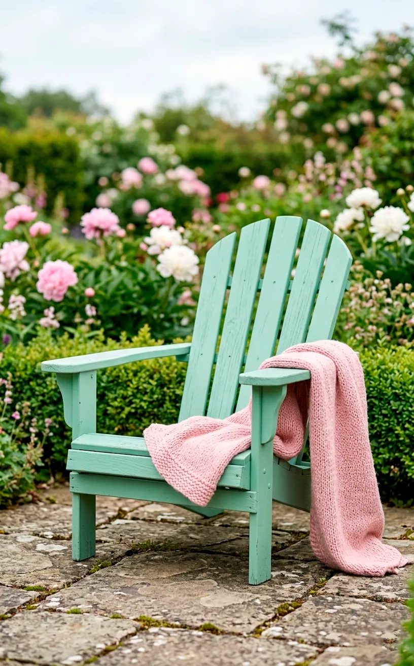 Mint green Adirondack chair with a pink throw blanket on a stone porch.