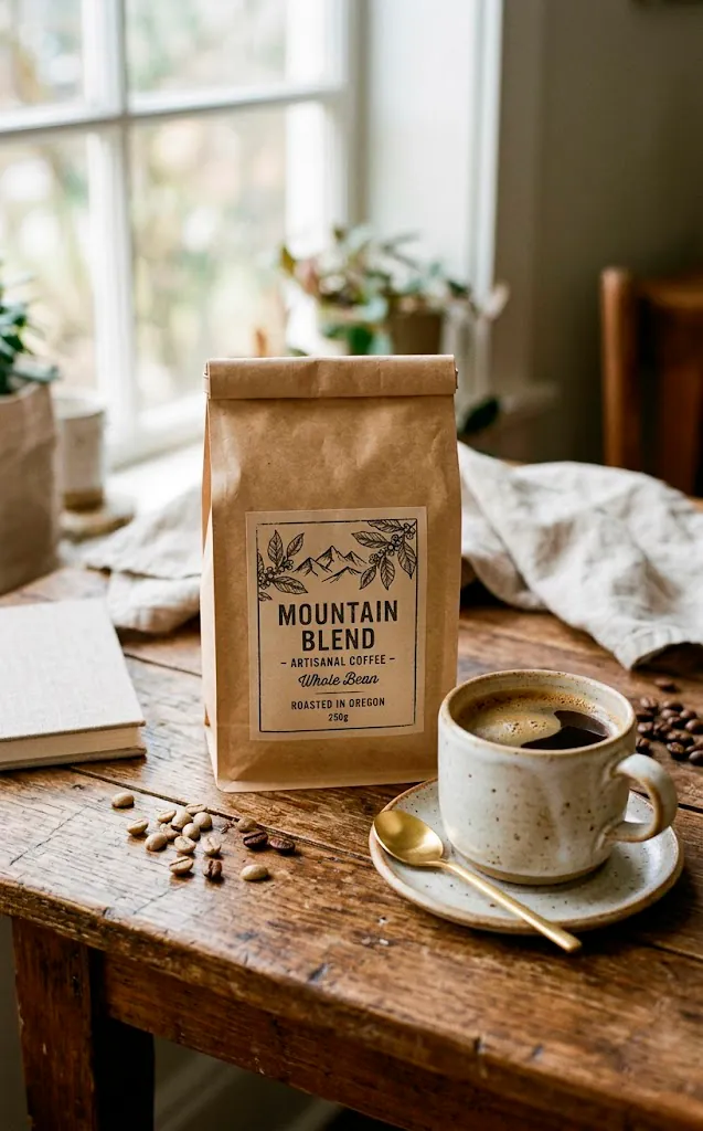 Artisanal coffee beans and ceramic mug for a themed gift basket