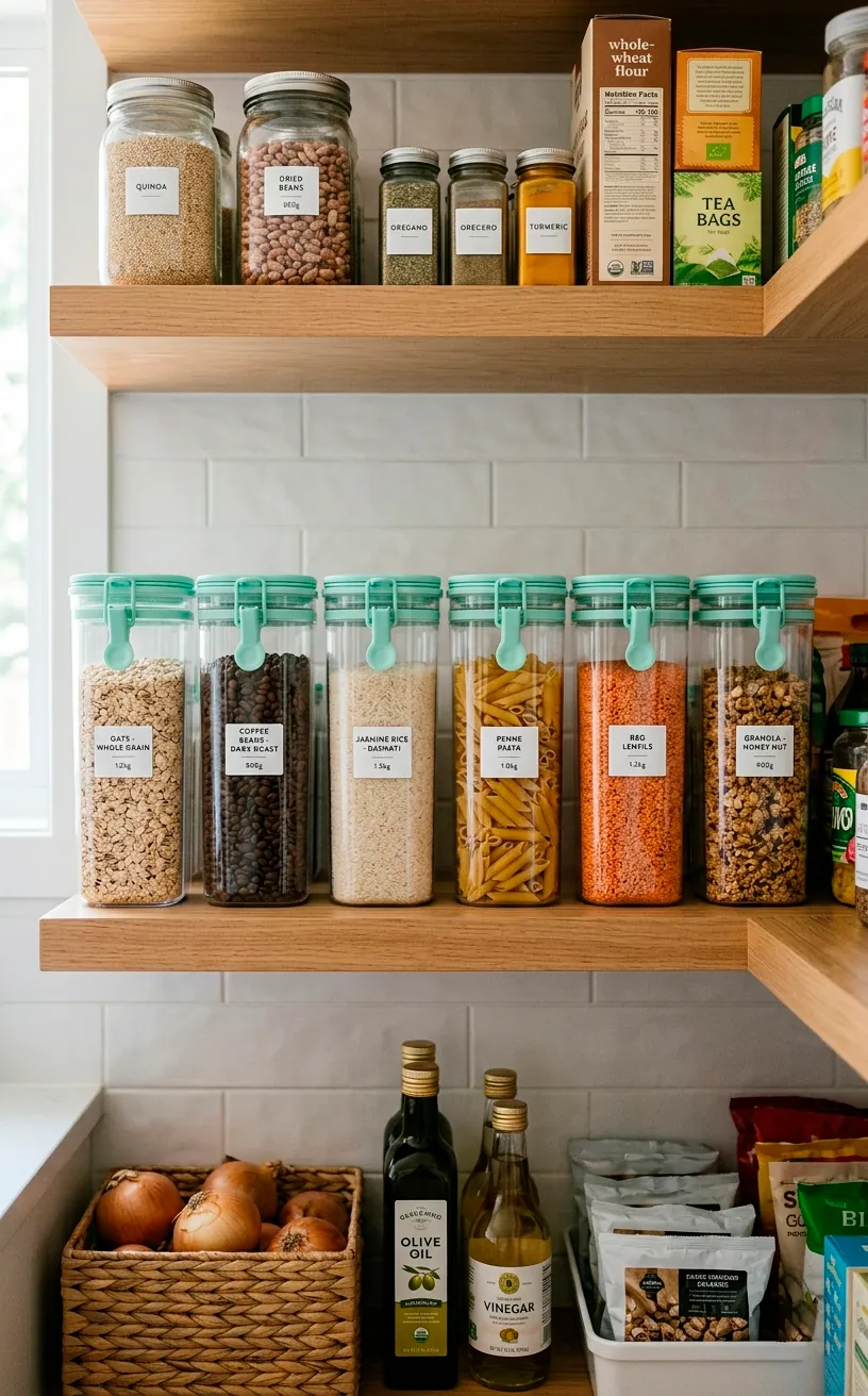 Clear acrylic food storage canisters with mint green silicone lids lined up flawlessly on a modern wooden pantry shelf.