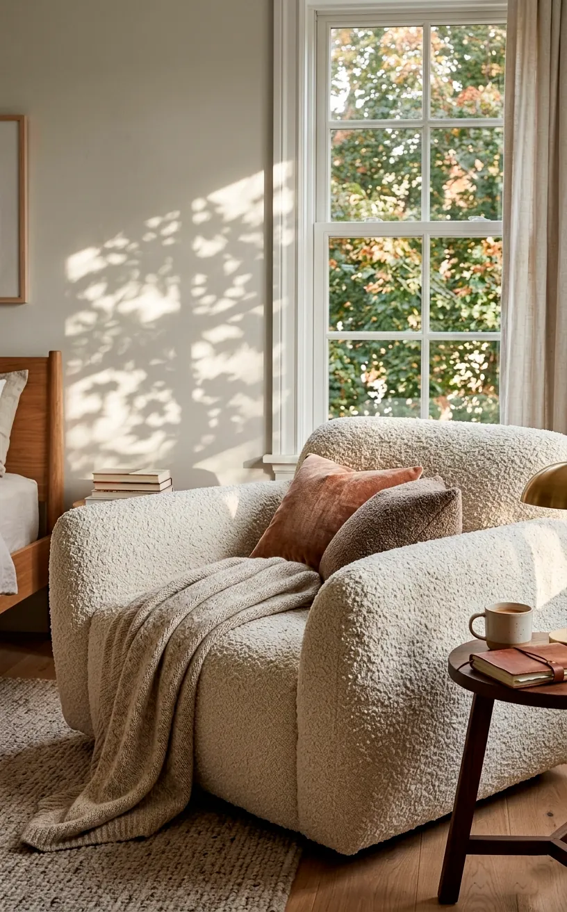 Sumptuous oversized boucle armchair in a sunny corner.